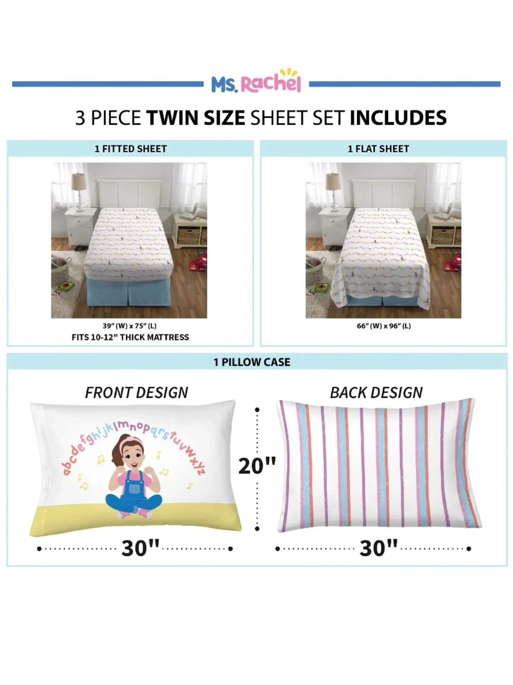 Ms. Rachel Kids Toddler Pillow and Bedding Sheet Set, Twin